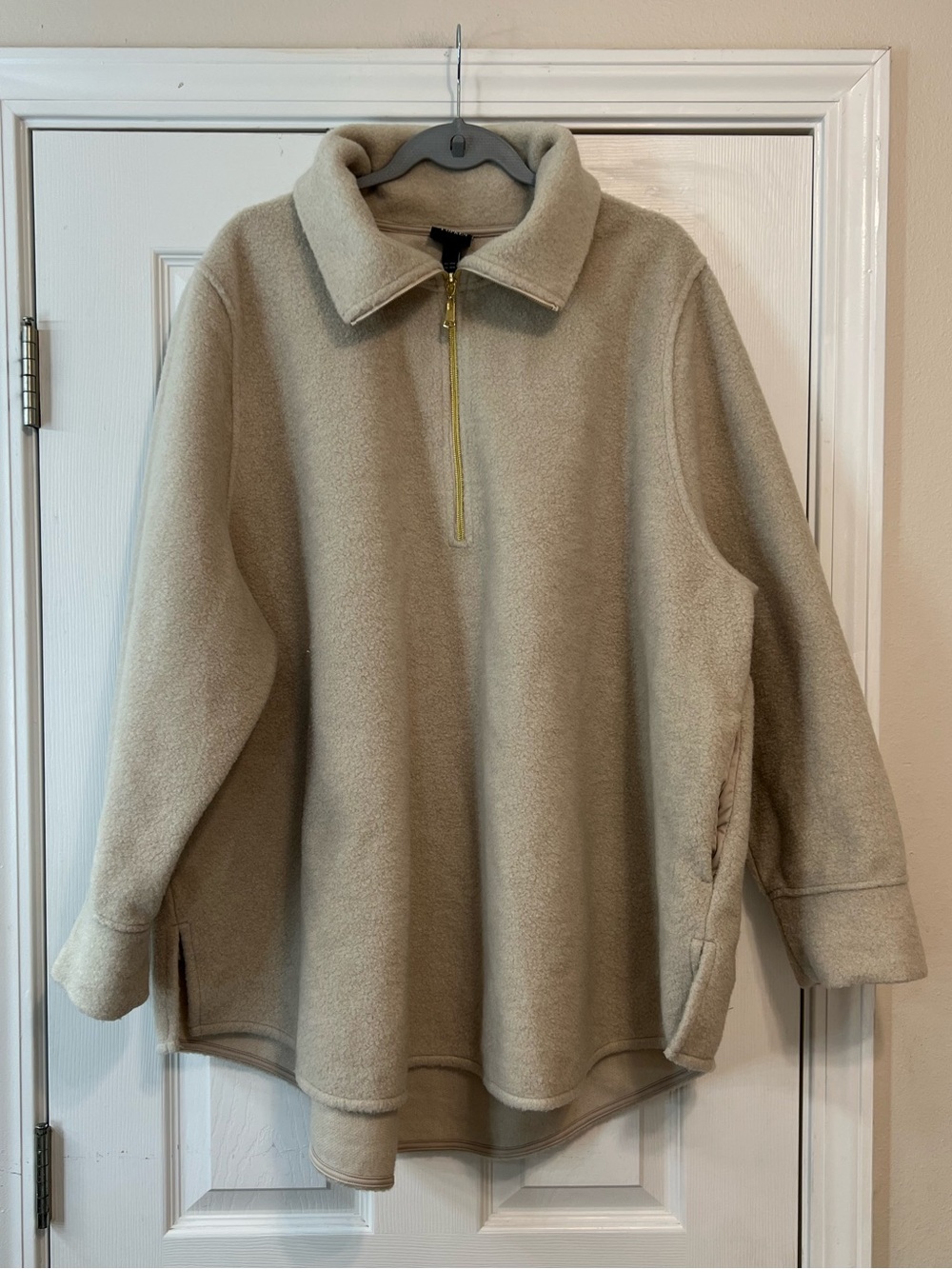 Ulla Popken Plus Size 28/30 Beige Fleece Quarter Zip High Low Pullover Tunic